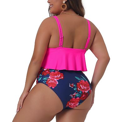 Plus Size Bikini Swimsuit For Women Floral Print High Waist Ruched 2 Piece Bathing Suit Set