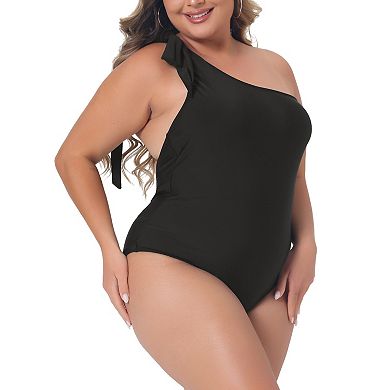 Plus Size One Piece Swimsuit For Women One Shoulder Knot Bathing Suit Tummy Control Swimwear