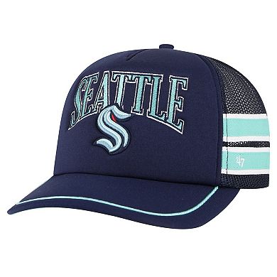 Men's '47 Deep Sea Blue Seattle Kraken Sideband Stripes Trucker Snapback Hat