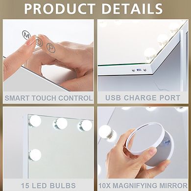 Vanitii Hollywood Mirror With Lights 15 LED Bulbs USB Port White Color ＆ Brightness Adjustable