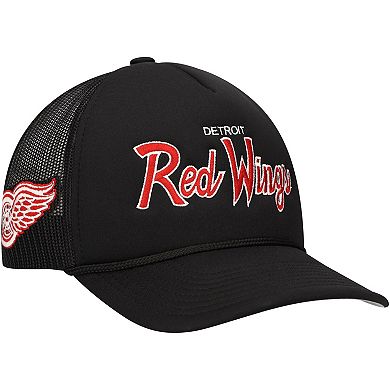 Men's Mitchell & Ness Black Detroit Red Wings Script Side Patch Trucker Adjustable Hat
