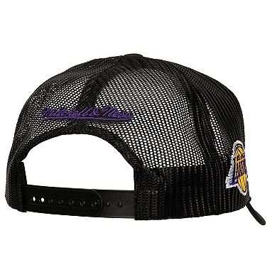 Men's Mitchell & Ness Black Los Angeles Lakers Script Sidepatch Trucker Adjustable Hat
