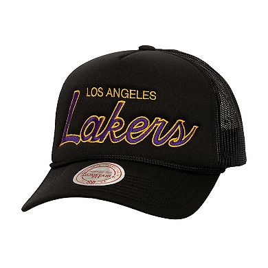 Men's Mitchell & Ness Black Los Angeles Lakers Script Sidepatch Trucker Adjustable Hat