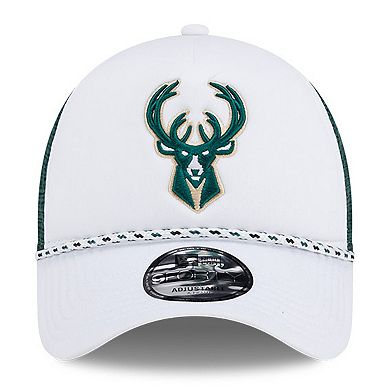 Men's New Era White/Hunter Green Milwaukee Bucks Court Sport Foam A-Frame 9FORTY Adjustable Trucker Hat