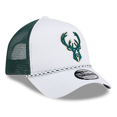 Men's New Era White/Hunter Green Milwaukee Bucks Court Sport Foam A-Frame 9FORTY Adjustable Trucker Hat