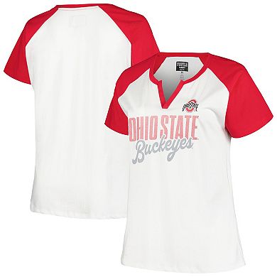 Women's Profile White/Scarlet Ohio State Buckeyes Plus Size Best Squad Shimmer Raglan Notch Neck T-Shirt