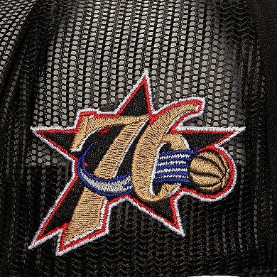 Men's Mitchell & Ness Black Philadelphia 76ers Script Sidepatch Trucker Adjustable Hat