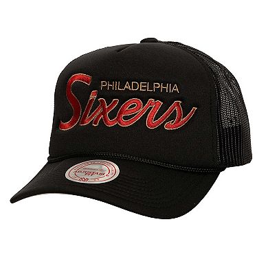 Men's Mitchell & Ness Black Philadelphia 76ers Script Sidepatch Trucker Adjustable Hat