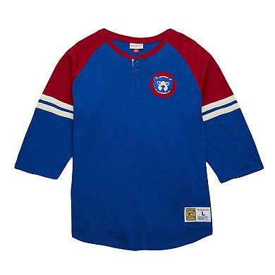 Men's Mitchell & Ness Royal Chicago Cubs Cooperstown Collection Legendary Raglan Slub Henley Three-Quarter Sleeve T-Shirt