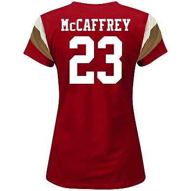 Women's Fanatics Branded Christian McCaffrey Scarlet San Francisco 49ers Plus Size Sleeve Stripe Name & Number T-Shirt
