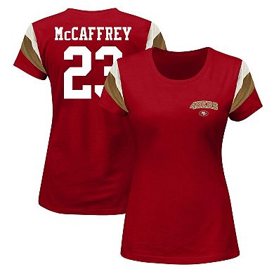 Women's Fanatics Christian McCaffrey Scarlet San Francisco 49ers Plus Size Sleeve Stripe Name & Number T-Shirt