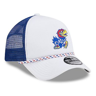 Men's New Era White/Royal Kansas Jayhawks Court Sport Foam A-Frame 9FORTY Adjustable Trucker Hat