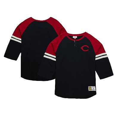 Men's Mitchell & Ness Black Cincinnati Reds Cooperstown Collection Legendary Raglan Slub Henley Three-Quarter Sleeve T-Shirt