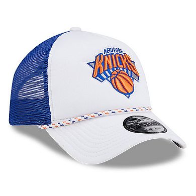 Men's New Era White/Blue New York Knicks Court Sport Foam A-Frame 9FORTY Adjustable Trucker Hat