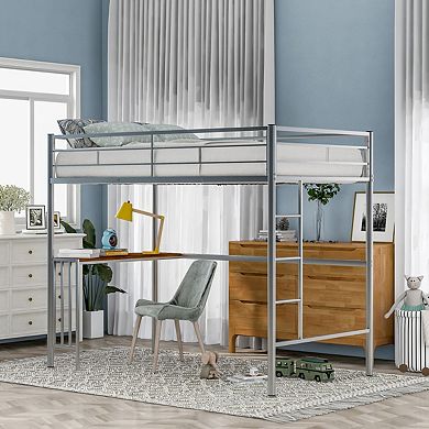 Twin Metal Bunk Bed With Desk, Ladder And Guardrails, Loft Bed For Bedroom