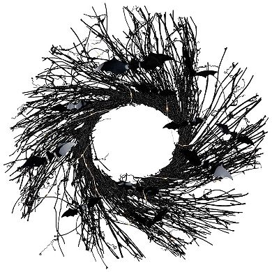 Northlight Pre-Lit Black Halloween Artificial Twig Wreath & Bats