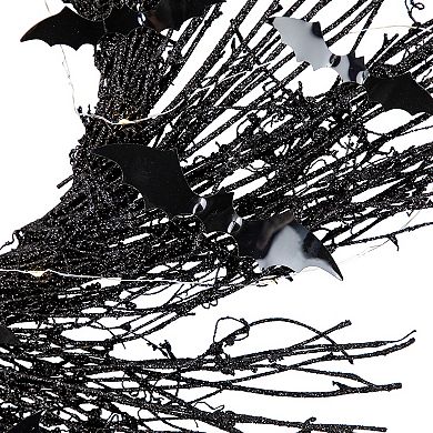 Northlight Pre-Lit Black Halloween Artificial Twig Wreath & Bats