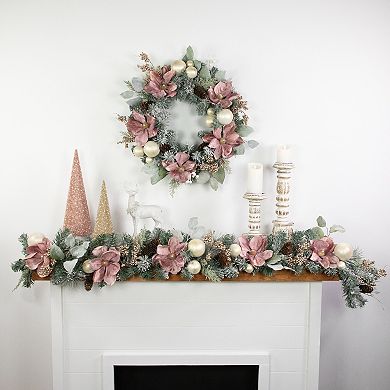 Northlight Pink Floral & Ball Ornament Frosted Pine Artificial Christmas Garland