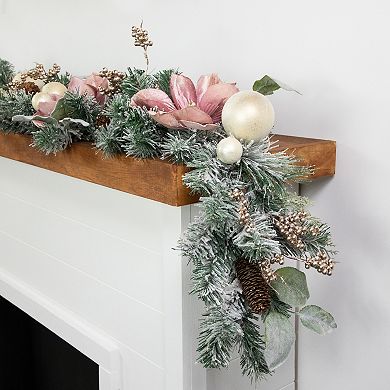 Northlight Pink Floral & Ball Ornament Frosted Pine Artificial Christmas Garland