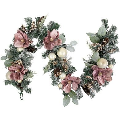 Northlight Pink Floral & Ball Ornament Frosted Pine Artificial Christmas Garland