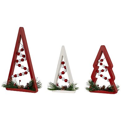 Northlight Red & White Beaded Christmas Trees Wooden Table Decorations 3-piece Set