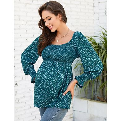 Women's Maternity Tops Square Neck Lantern Sleeve Smocked Babydoll Blouses