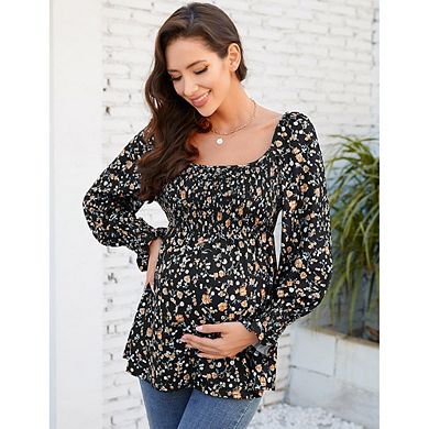 Women's Maternity Tops Square Neck Lantern Sleeve Smocked Babydoll Blouses