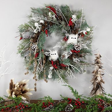 Northlight 34" Snowy Owls and Berries Artificial Pine Wreath