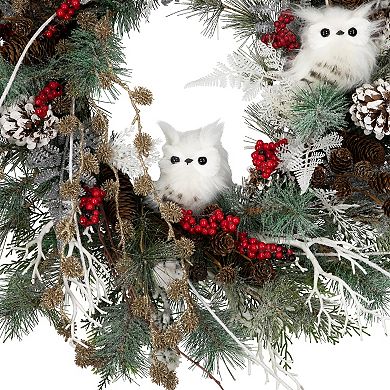 Northlight 34" Snowy Owls and Berries Artificial Pine Wreath