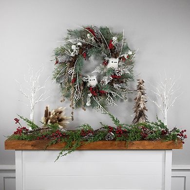 Northlight 34" Snowy Owls and Berries Artificial Pine Wreath