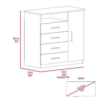 Peru 4 Drawer Dresser, Single Door Cabinet, One Open Shelf, Superior Top