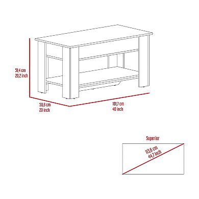 Austin Storage Table, One Extendable Table Shelf, Four Legs, Lower Shelf
