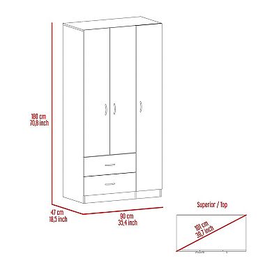 Austral 3 Door Armoire With Drawers, Shelves, And Hanging Rod