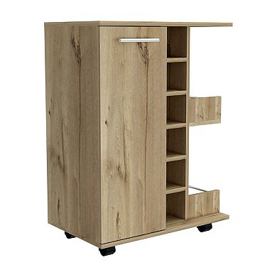 Bar Cart, Two External Shelves, Four Casters, Six Built-in Wine Rack, Single Door Cabinet