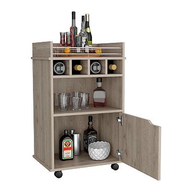 Phoenix Bar Cart With 2 Open Shelves  4 Wine Cubbies And Cabinet