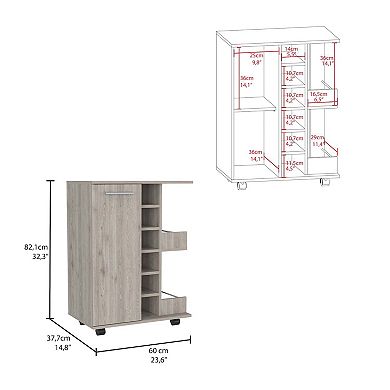 Bar Cart, Two External Shelves, Four Casters, Six Built-in Wine Rack, Single Door Cabinet