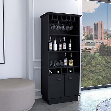 Dundee 70-inch High 10-glass Bar Cabinet With 5 Cubbies And 3 Open Shelves And Cabinet