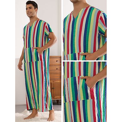 Striped Sleep Shirts For Men's V Neck Short Sleeves Color Block Nightshirt