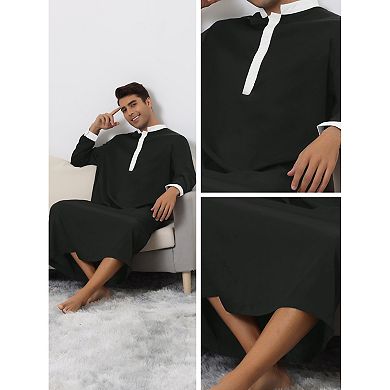 Nightshirt For Men's Contrast Color Banded Collar Long Sleeves Nightgown