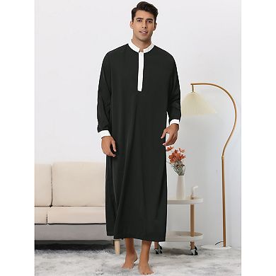 Nightshirt For Men's Contrast Color Banded Collar Long Sleeves Nightgown