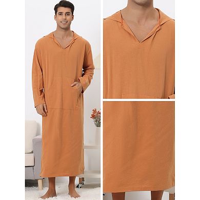 Hoodie Nightshirt For Men's Solid Color Side Split V Neck Hooded Long Night Gown