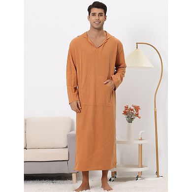 Hoodie Nightshirt For Men's Solid Color Side Split V Neck Hooded Long Night Gown