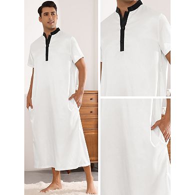 Band Collar Nightshirt For Men's Short Sleeves Contrast Color Sleepwear Gown