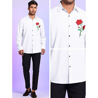 Rose Shirts For Men's Point Collar Long Sleeve Solid Floral Shirts