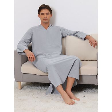Nightshirt For Men's V-neck Long Sleeves Pajamas Nightgown With Pockets