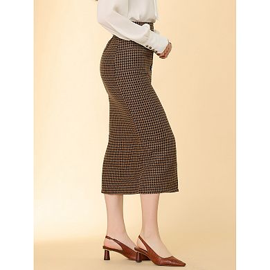 Women's Elegant Elastic Waist Button Decor Front Houndstooth Skirt