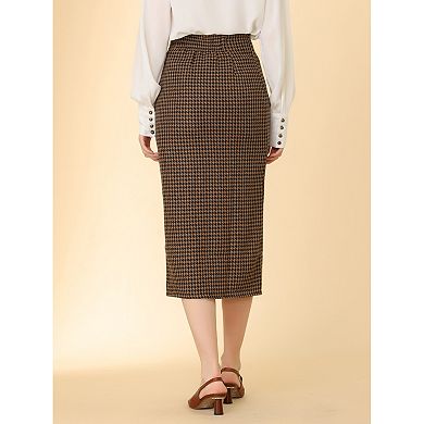 Women's Elegant Elastic Waist Button Decor Front Houndstooth Skirt