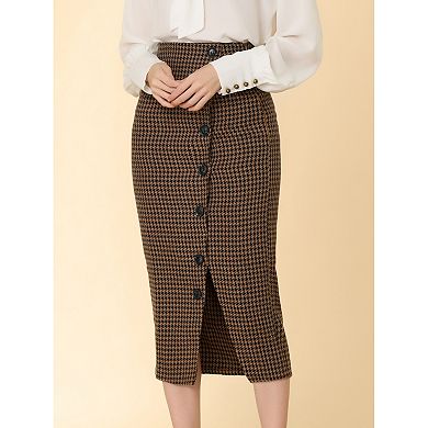 Women's Elegant Elastic Waist Button Decor Front Houndstooth Skirt