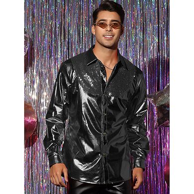 Sequin Shirt For Men's Metallic Casual Button Down Party Disco Shiny Shirts