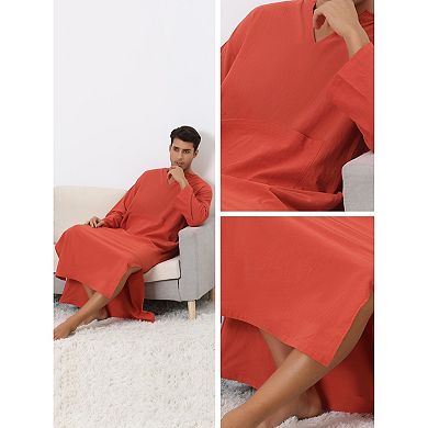 Nightgown For Men's Loose Fit Sleepwear Long Sleeves V Neck Comfy Nightshirts